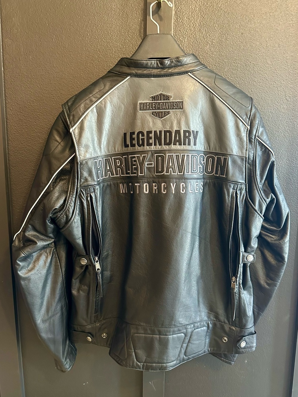 Harley-Davidson Black Leather 'Legendary' Motorcycle Jacket with White Piping